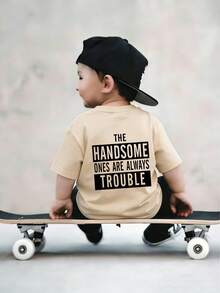 Áo thun ngắn tay cổ tròn in họa tiết phong cách thường ngày cho bé trai, thích hợp mặc mùa hè. - Màu be - Xem 1