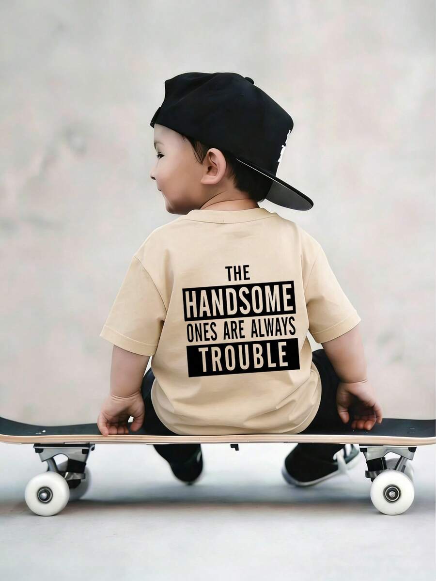 Áo thun ngắn tay cổ tròn in họa tiết phong cách thường ngày cho bé trai, thích hợp mặc mùa hè. - Màu be - Xem 1