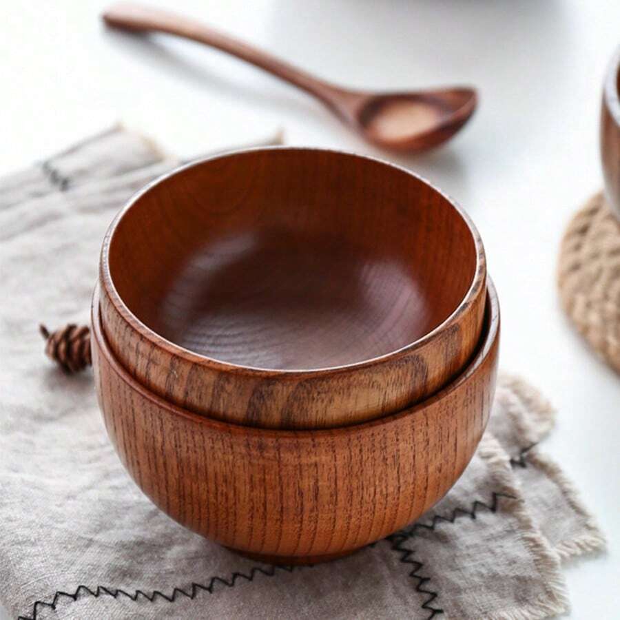 1 tô cơm gỗ kiểu Nhật, tô gỗ tối giản dùng trong gia đình, tô súp/mì dung tích lớn bằng gỗ vân tối giản kiểu Nhật, thích hợp dùng trong gia đình, đựng salad, trên bàn ăn, đựng mì, tráng miệng. - màu nâu - Xem 1