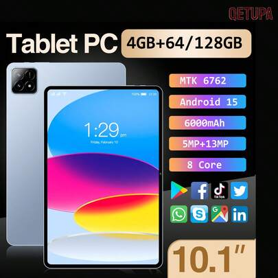 Qetupa 10.1-Inch Tablet PC, 4GB+64/128GB, 8GB+256GB, Android 15, MTK6762 Octa-Core 2.0GHz Processor, HD (1280x800) Touchscreen, 5MP+13MP Dual Cameras, 6000mAh Battery, Supports 512GB Expansion, No SIM Card Slot, Suitable As A Gift (Adapter Not Included)