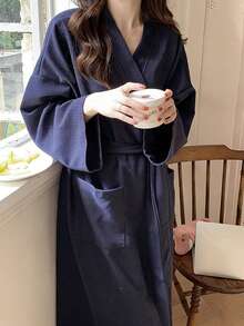 Áo choàng tắm kẻ sọc nhuộm màu kiểu Nhật Bản, đồ ngủ/đồ mặc nhà rộng rãi thoải mái dành cho nữ, thích hợp cho mùa xuân và mùa thu. - Nhiều màu - Xem 1