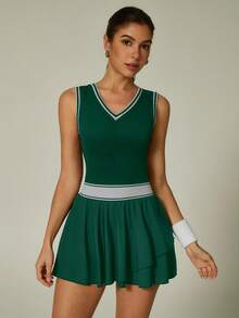 NcmRyu 1 chiếc đầm thể thao thời trang nữ cổ chữ V kẻ sọc phối màu tương phản - màu xanh lá - Xem 8