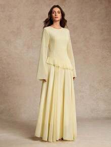 [Spring/Summer Style] Best-Selling New Arrivals -Women's Elegant Ruffle Trim Tie-Waist Flare Sleeve Dress, Spring/Summer - Vàng nhạt - Xem 7