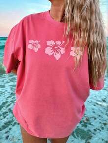 Summer TopsWomen Y2k Oversized Graphic Tees Floral Print Short Sleeve Crewneck T Shirts Loose Fit Summer   Tops For Teen Girls Aesthetic Clothes 2000s Beach Shirts For Women StreetwearLoose And Comfortablesummer Clothes Summer Outfits For Women - Màu Hồng Tươi - Xem 2