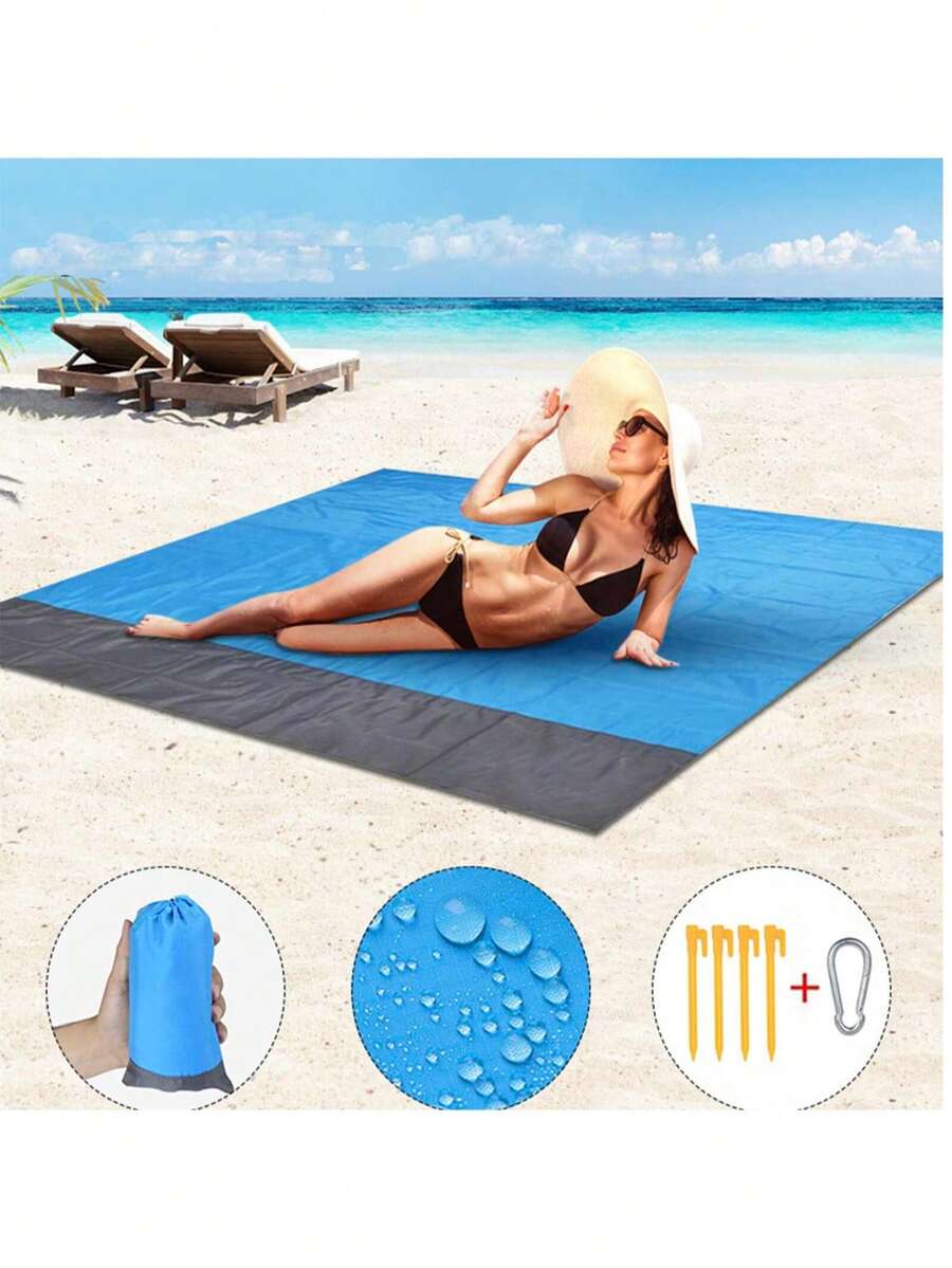 1pc/2pcs Extra Large Waterproof Beach Blanket, Foldable Waterproof Pocket Beach Mat, Lightweight Portable Picnic Beach Mat, Outdoor Picnic Blanket, Waterproof Anti-Sand Beach Blanket, Portable Outdoor Blanket, Ideal For Picnic, Travel, Camping And Hiking, Allowing You To Enjoy Beach Fun Easily And Avoid Mess. - Blue - View 1
