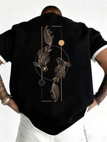 Camiseta de manga corta con estampado de pez koi versátil y de moda para hombre, verano - Negro - Ver 1