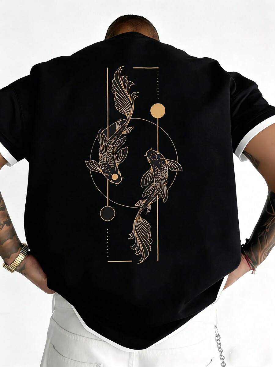 Camiseta de manga corta con estampado de pez koi versátil y de moda para hombre, verano - Negro - Ver 1