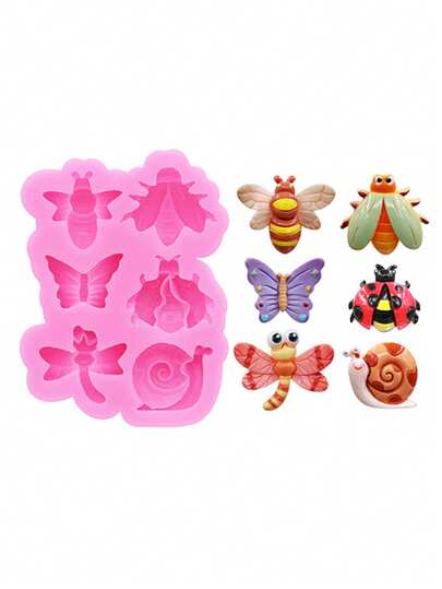1 pieza Molde de silicona líquida rosa, Molde de silicona en forma de mini abeja de dibujos animados, libélula, mariposa, escarabajo, caracol para hacer accesorios de resina, accesorios para el cabello de crema y gel DIY, fundas de teléfono, adornos para zapatos, accesorios decorativos, posavasos, llaveros
