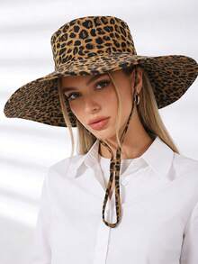 1 chiếc mũ tai bèo rộng vành in họa tiết da báo dành cho nữ, có dây buộc chắn gió, thích hợp cho mùa hè và đi biển. - mũ ngư dân vành rộng - Xem 6