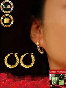 Two Pieces Set Of Simple Twisted Pattern Earrings+Thoughtful Ear Protection And Ear Care Needles, Suitable For Wearing New Ear Holes And Various Occasions And Festivals Such As Parties, Anniversaries, Birthdays, Etc., Equipped With High-Quality And Exquisite Gift Boxes - Gold - View 1