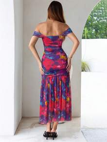 Women's Summer Floral Off Shoulder Sleeveless Ruched Fitted Formal Wedding Guest Maxi Dress - Purple Base With Red Flowers - View 6