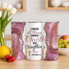 1pc 20oz Stainless Steel Tumbler, 'I Can Do All Things Through Christ' Bible Verse Design With Pink Geode And Golden Glitter, With Lid And Straw, Keep Hot 6H Ice Drinks 12H, Christian Kitchen Accessories, Inspirational Gift For Faithful Women - 白色 - 查看 6