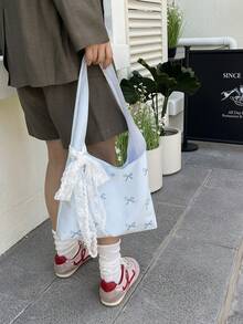 Túi tote vải bố thêu nơ xinh xắn, túi đeo vai dung tích lớn, lý tưởng cho học sinh và đi làm. - Màu xanh lam - Xem 4