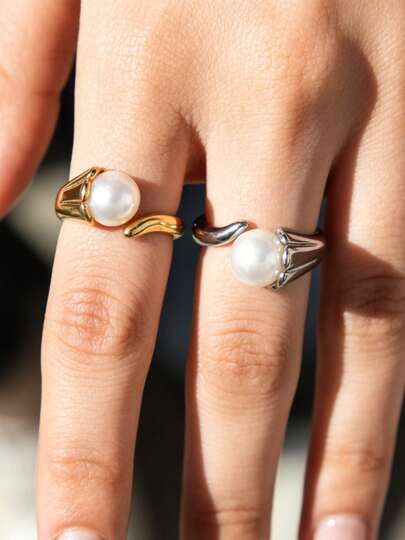 Mazuer Elegancki pierścionek z perłami Convolvulus, 1 szt., pozłacana 18-karatowym złotem stal nierdzewna, biżuteria ze złota/srebra, prezent na ślub/rocznicę/dzień matki dla kobiet