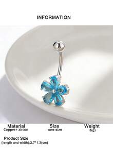1pc Cute Water Drop Flower Belly Button Ring, Suitable For Beach, Party, Holiday Themed Outfits And Personal Style - Silver Ocean Blue - View 5