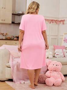 Plus Size Women's Nightgown, Pink Cartoon Cherry Print, Short Sleeve Long Dress Loungewear, Loose & Comfortable, Suitable For Summer - Pink - View 3