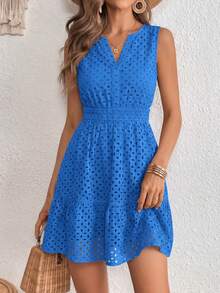 Women's Summer Dress Sleeveless V Neck Eyelet Cutout Swinging A-Line Flowy City Walks Wedding Guest Graduation Beach Vacation Sun Dress Blue Dresses For Women - 藍色 - 查看 5