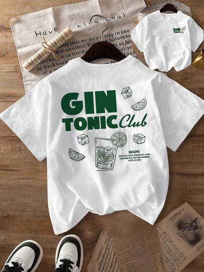 女士休闲绿色“金汤力俱乐部”印花短袖T恤，采用简约设计，饰以青柠片图案，适合春、夏、秋季日常穿着及度假。