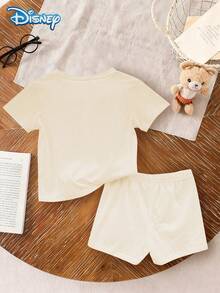 Disney Bộ áo thun ngắn tay và quần short in chữ Mickey Mouse dễ thương cho bé trai mùa hè, họa tiết hoạt hình, co giãn, phù hợp cho trẻ sơ sinh mặc hàng ngày. - Màu be - Xem 3