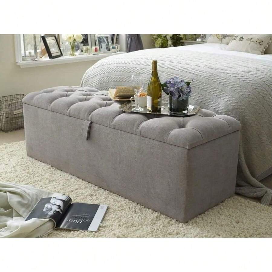 Chesterfield Ottoman Footstool Toy Storage Box In Chenille Fabric (, Fabric Matching Buttons) - Grey - View 1