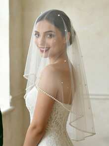 1 Layer Pearl Edged Bridal Veil Without Comb, Handmade Beaded Wedding Face Veil - Multicolor - View 5