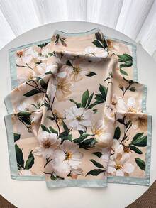 1 chiếc khăn choàng cổ bằng lụa satin giả in họa tiết hoa trà thanh lịch, kích thước 70cm*70cm, đa năng dành cho nữ, phù hợp sử dụng hàng ngày, đi biển và đi nghỉ mát. - Hoa đào màu be - Xem 3
