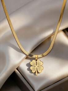 1pc Classic Minimalist 18K Gold Plated Stainless Steel Snake Bone Chain Necklace With Four-Leaf Clover Pendant, Suitable For Women's Daily And Holiday Wear - Gold - View 1