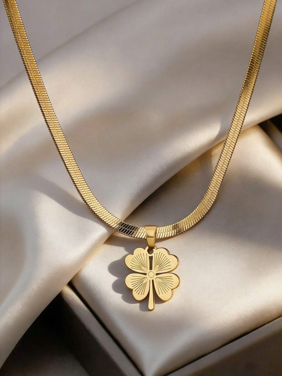 1pc Classic Minimalist 18K Gold Plated Stainless Steel Snake Bone Chain Necklace With Four-Leaf Clover Pendant, Suitable For Women's Daily And Holiday Wear - Gold - View 1
