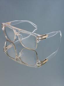 新款复古金属方形双梁男女通用透明镜片眼镜，休闲简约朋克风时尚眼镜，适合日常佩戴 - 彩色 - 查看 3