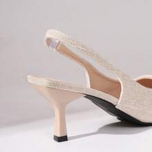 女士春夏高跟鞋，时尚百搭工作鞋，杏色亚麻法式夏季凉鞋 - 杏色 - 查看 5