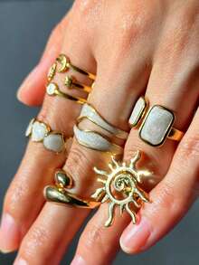 43/37/31/25/19/12/6pcs Set Random Vintage Bohemian Style Fashion Minimalist Elegant Geometric Design Stackable Rings Set, Includes Flower, Bow, Heart, Star, Moon, Sun, Water Drop, Geometric Textured Rings, Suitable For Festivals, Parties, Dates, Gifts, Daily Wear - Multicolor - View 5
