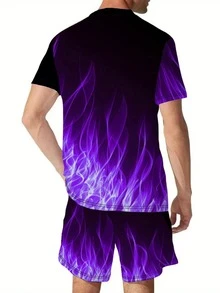 Setelan Kaos dan Celana Pendek Motif Api Musim Panas Pria, 2 Potong Pakaian Kasual - MultiWarna - View 2
