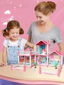 Juego de casa de muñecas con 4/5/7/9/11/14 habitaciones con muebles y accesorios, ensamblaje DIY de castillo de princesa para niños, regalo de cumpleaños para niños de 5/6/7/8/9+ años - Rosa - Ver 8