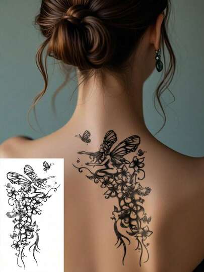 1 Hình xăm dán tạm thời cỡ lớn, kiểu đường kẻ đen, họa tiết bướm, chim, hoa, hình xăm giả chống thấm nước, giữ được 2-5 ngày, có thể che phủ toàn bộ cánh tay, cổ tay, vai, chân, eo, cổ, bàn tay, ngực, đùi, ngón tay và các bộ phận khác, có thể che sẹo, thích hợp cho các bữa tiệc, quà tặng, kỳ nghỉ, trang trí cơ thể và các dịp khác.