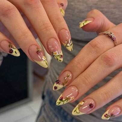 24pcs Minimalist Yellow French Style Cute Ladybug & Flower 3D Pearl Decor Almond-Shaped Press-On Acrylic Nail Stickers, Fashionable & Fresh French Manicure Stickers To Make Your Fingertips Shine Brighter! Manicure Set Includes Gel Polish And Nail File, Suitable For All Women, Spring Nails