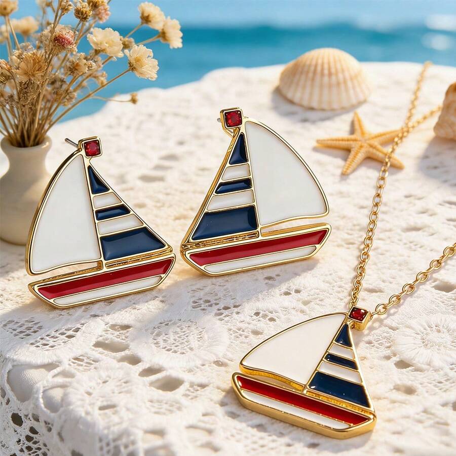 航海风帆船首饰套装，独特设计项链和耳环，奢华清新优雅配饰 - 彩色 - 查看 1