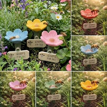 5pcs Flower Shaped Bee Feeder, Ceramic Material, Outdoor Hanging Watering Station, Beekeeping Feeding Tray, Garden Decor, Reusable For Bees, Butterflies, Hummingbirds