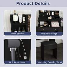 Modern Vanity Desk With LED Mirror, 3 Color Lighting & Adjustable Brightness - 3 Drawers & Storage Shelves, Built-In Power Outlet & Hair Dryer Holder, Makeup Dressing Table Set With Stool For Bedroom - US A Type Plug(110-127V) - View 4