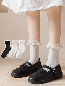 3 Pairs Japanese Sweet Cute Mesh Thin Socks, Lolita Breathable Honeycomb Bubble Mouth Mid-Calf Socks - Multicolor - View 1