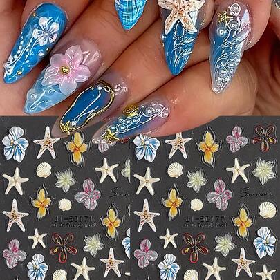 Summer Vibes Nail Art Stickers 5D Embossed, Featuring Starfish, Seashell & Tropical Floral Designs, Self-Adhesive Nail Decals For Vacation & Daily Manicure, Nail Accessories For Salon & Home DIY