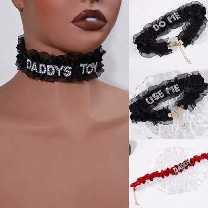 1 chiếc vòng cổ choker ren co giãn kiểu punk in chữ lấp lánh hình kim cương, phụ kiện nội y phù hợp cho Halloween, Giáng sinh, tiệc Valentine.
