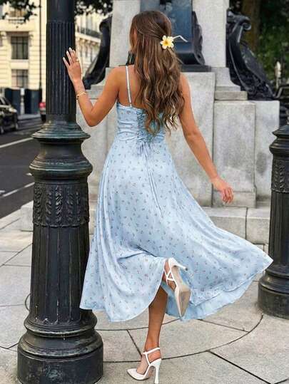 Perirose Women's Elegant Light Blue Floral Corset Tie Spaghetti Strap A-Line Midi Dress, Casual French Style Outfit