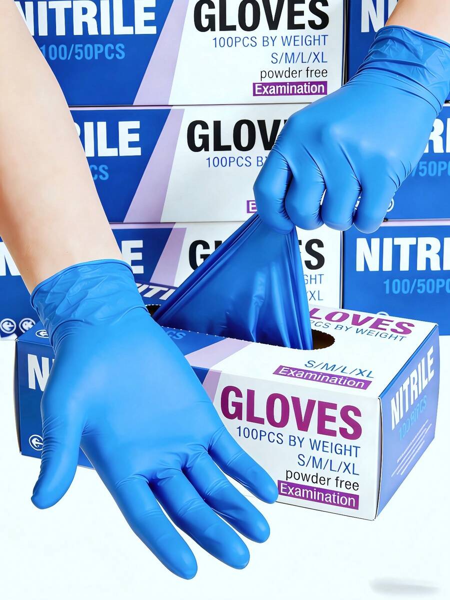 100/50 只装蓝色多用途丁腈手套 - 防水、防静电、耐用，适用于洗碗、家务清洁、厨房使用（袋装）