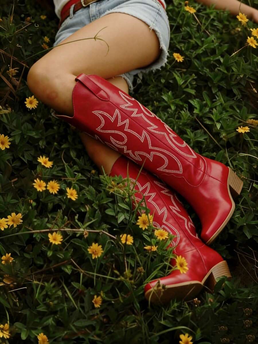 Women's Western Boots Spring Chunky Heel Boots Classic Embroidery Pointed Toe Boots Pull On Western Style Cowgirl Boots Cowboy Boots Outdoor Shoes For Women's Knee High Boots - 紅色 - 查看 1