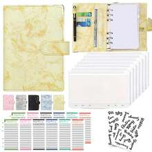 Sổ tay A6 dạng rời, bìa da PU vân đá cẩm thạch, sổ lập kế hoạch ngân sách tiền mặt 6 vòng, phong bì đựng tiền bằng da, sổ tay theo dõi thử thách tiết kiệm tiền kèm phong bì có khóa kéo. - A6 - Xem 16