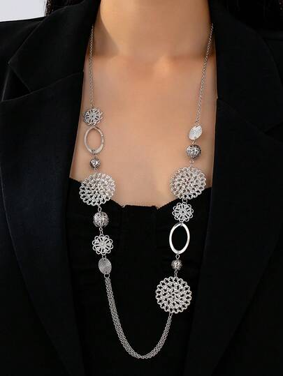 European And American Fashion Versatile Retro Sexy Hollow Ball Long Necklace Geometric Three-Dimensional Bohemian Style Shiny Black Sweater Chain