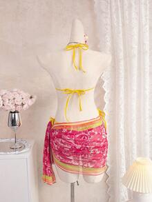 Onefish 2026新款女士优雅印花露背性感比基尼套装，度假装，女士泳装，夏季，女士夏季套装，2026新款女士夏季比基尼，夏季服装，沙滩度假装 - 玫紅色 - 查看 2