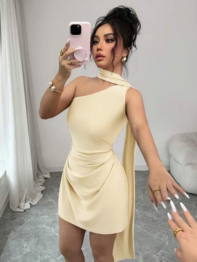 abyoxi 女士浅黄色单肩围巾领不对称领口褶皱收腰修身迷你连衣裙，优雅时尚，适合度假、海滩派对、婚礼、节日、毕业季、舞会等场合，春夏修身短款连衣裙