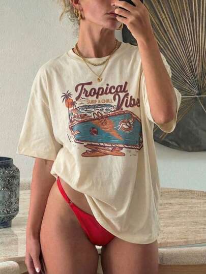 Women's Summer Pool Print Round Neck Short Sleeve T-Shirt, Versatile Casual Style, Suitable For Daily Wear And Vacation