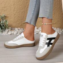 NOBLEARL White Gray Color Block Mule Trainers, Black Stripe Decor, Backless Lazy Retro Toe Cap Mule Sneakers - Black and White - View 9